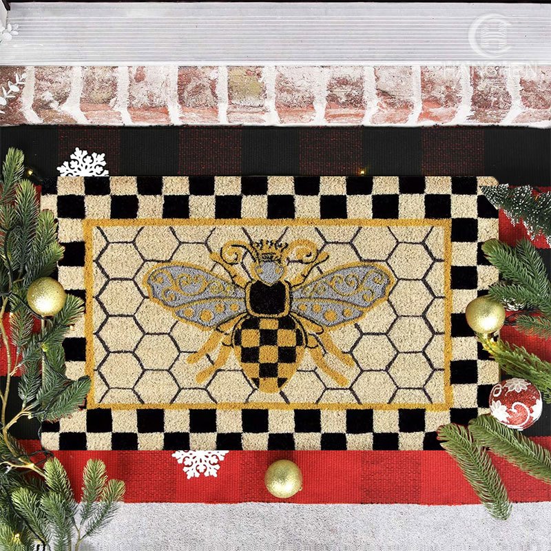 Non-Slip Bee Honeycomb Flannel Floor Mat Machine Washable Welcome Rug Indoor Outdoor Entryway Bedside Living Room Kitchen Bee Themed Home Decor