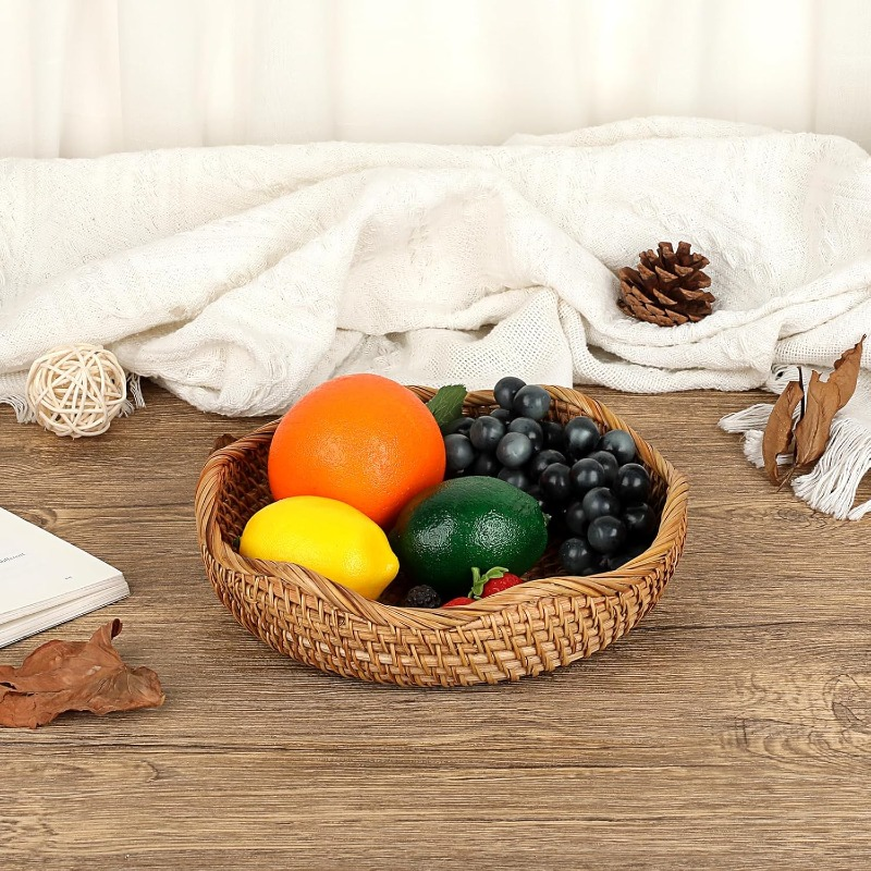 Rattan Tray Bowl - 8.5 Inch Hand Woven Natural Wicker Basket Tray for Fruit, Bread, Keys, Tabletop Decor, Kitchen, Entryway & Living Room