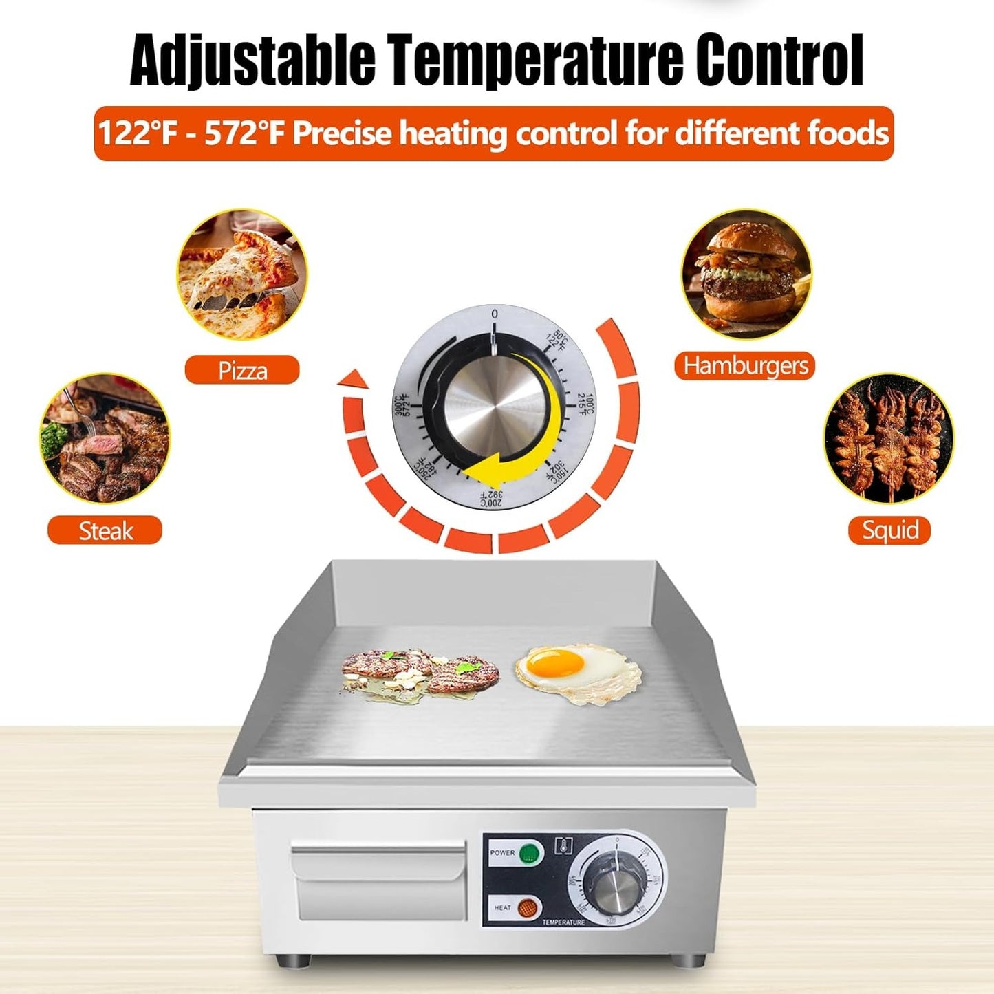 Electric Flat Top Grill 14"/22" – Commercial Teppanyaki Griddle, Non-Stick Cast Iron Cooking Surface, Adjustable Temp 122–572°F, Stainless Steel, Indoor & Restaurant Use