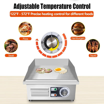 Electric Flat Top Grill 14"/22" – Commercial Teppanyaki Griddle, Non-Stick Cast Iron Cooking Surface, Adjustable Temp 122–572°F, Stainless Steel, Indoor & Restaurant Use