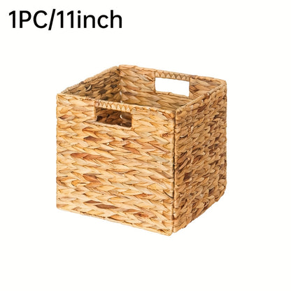 Cube Storage Baskets Foldable – Handwoven Water Hyacinth 11x11 Inch Laundry Organizer Basket with Handles for Cube Shelves, Closet, Bedroom & Living Room, Natural Woven Bin