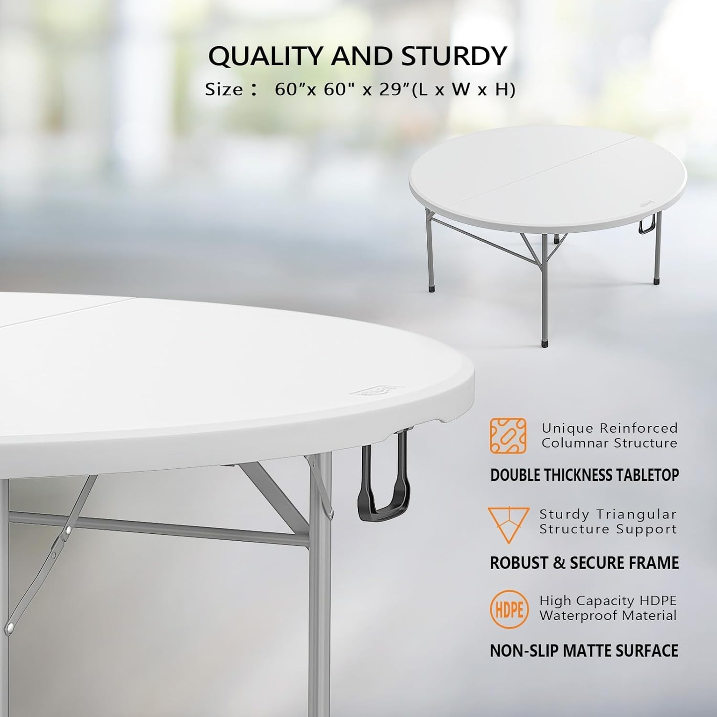Round Folding Table 48" / 60" Bi-Fold HDPE 1.75" Thick Top Rust-Resistant Steel Frame for Wedding, Party & Commercial Events — 1, 2 or 4 Pack