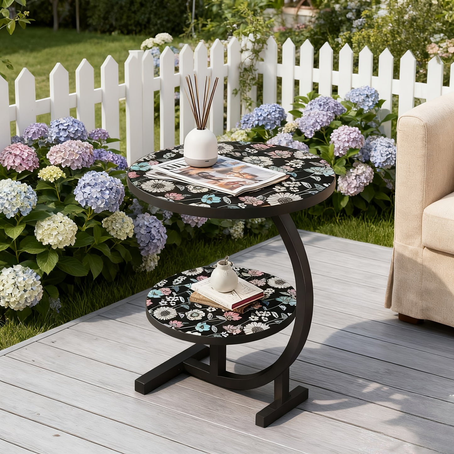 Small Round Side Table Sofa End Table Floral Mandala Desktop Accent Table for Living Room Bedroom Balcony Patio Outdoor Indoor Use