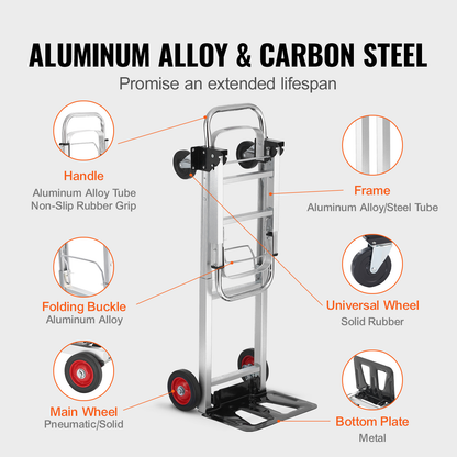 Folding Hand Truck 2-in-1 Convertible 400 LB Capacity Aluminum Carbon Steel Frame 360° Brake Wheels Collapsible Dolly Cart for Warehouse Garden Moving