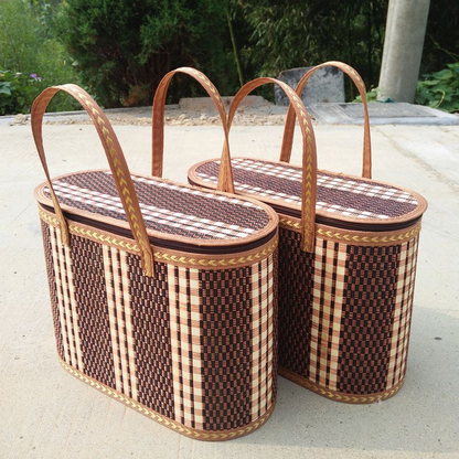 Storage Basket Woven Cotton Rope Organizer Basket with Handle – Collapsible Handcrafted Picnic Basket for Home Decor, Nursery, Laundry & Shelf Organizing