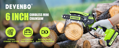 Cordless Mini Chainsaw 6-Inch, Handheld Pruning Saw with Rechargeable Battery, Adjustable Chain Tension, Safety Lock & Anti-Splash Guard for Branch Trimming in Yard, Garden & Home
