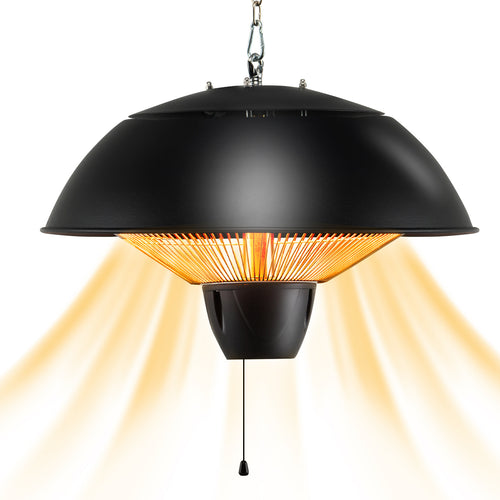 Hanging Patio Heater 1500W Electric Ceiling Mounted Heater with Halogen Tubes, 360° Coverage, Adjustable 23" Chain, Pull Switch, Dual Heat & Light Function for Garage, Balcony, Gazebo & Courtyard