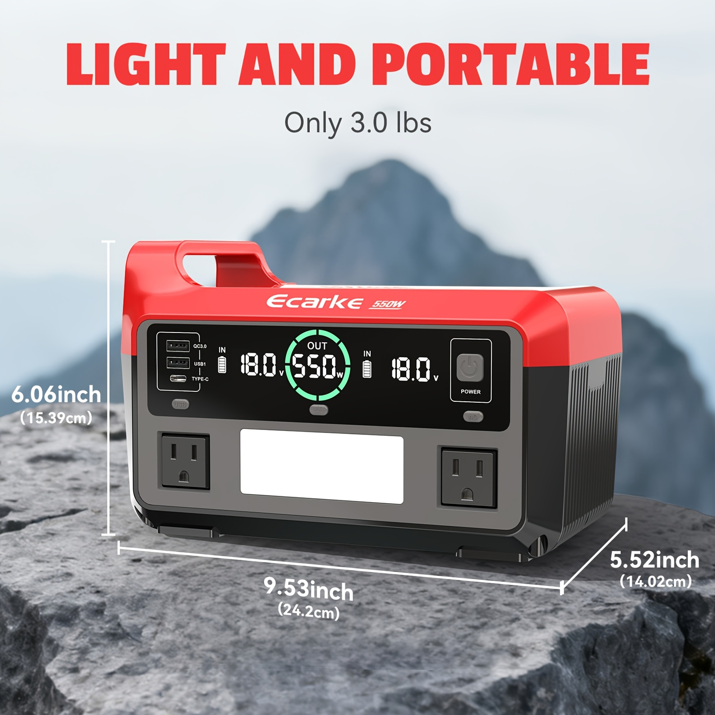Pure Sine Wave Inverter 550W for 18V Battery - DC 18V to AC 110V, 2×USB-C 20W Fast Charge, 2×USB-A, 2×AC Outlets, 600LM 3-Level LED Light, Camping & Emergency Power (Bare Tool)