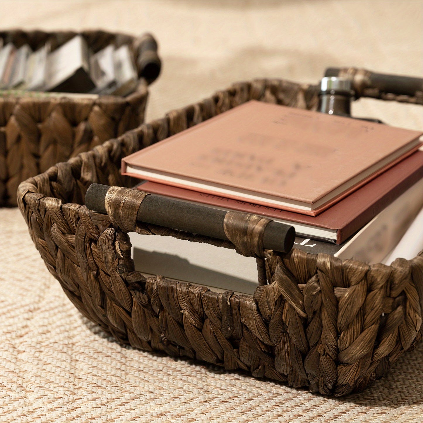 Woven Basket with Wooden Handles 2-Pack - Water Hyacinth & Seagrass Wicker Storage Baskets for Bathroom, Shelf, Kitchen & Bedroom Organizer, Boho Decor
