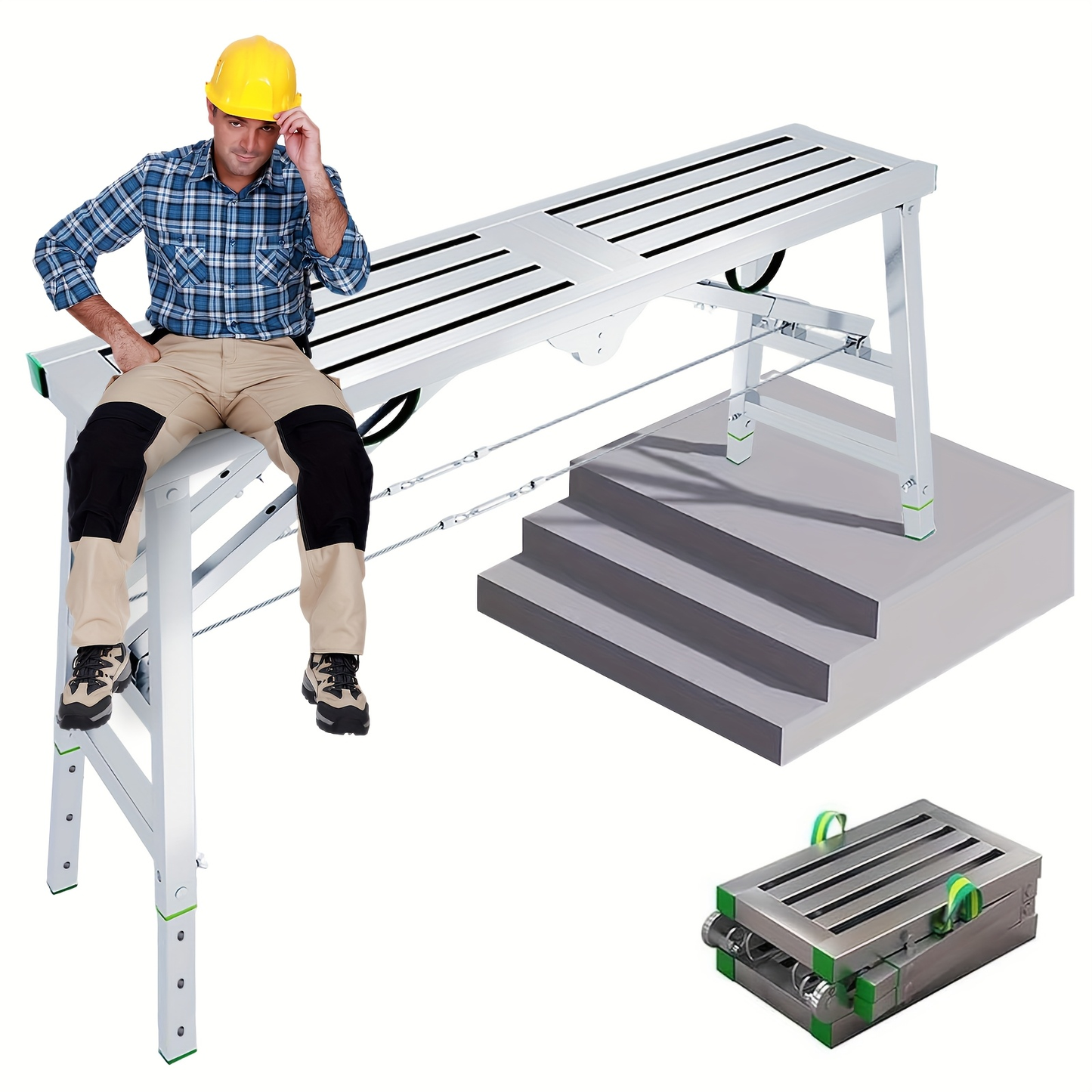 Scaffolding Work Platform Folding Steel Step Ladder 1000 LBS Heavy Duty Adjustable Height Portable Drywall Bench for Painting Decorating Car Washing RV Cleaning