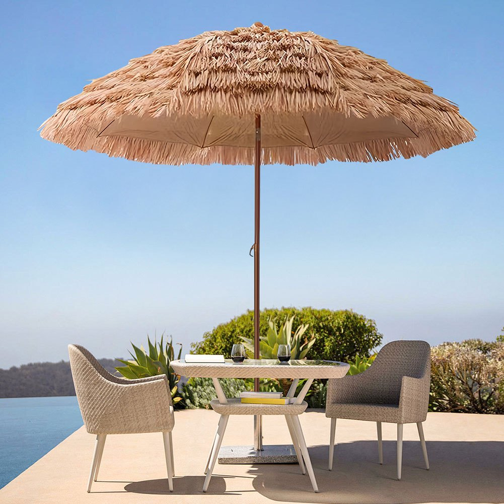 Thatch Tiki Umbrella 7.5 Ft Outdoor Patio Umbrella UV Protection Steel Pole Push Button Tilt Reclining Canopy for Patio Pool Garden Beach Backyard