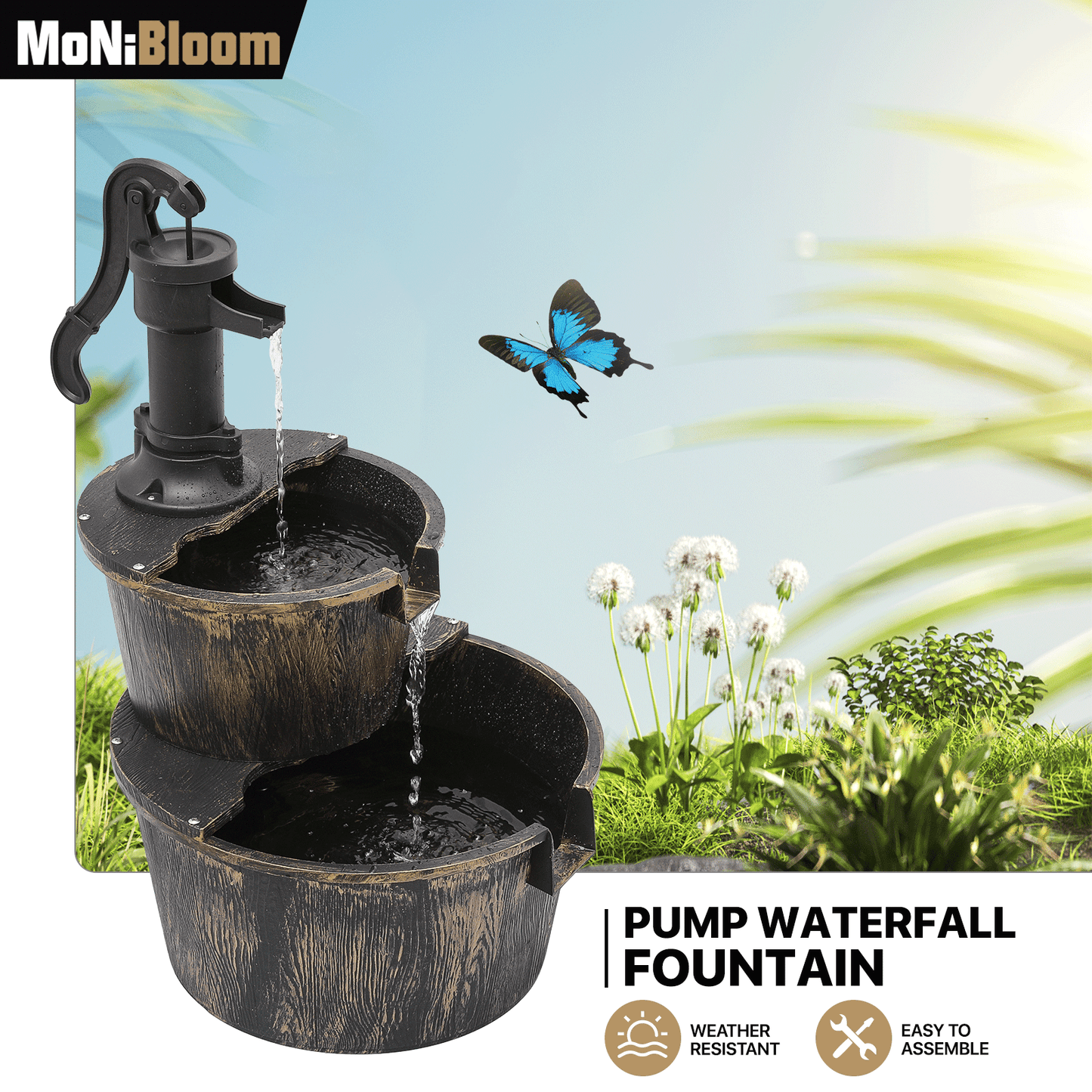 Outdoor Water Fountain 2-Tier | Barrel Waterfall Patio Garden Decor