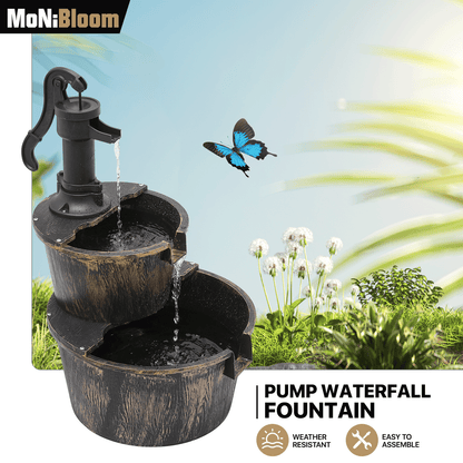 Outdoor Water Fountain 2-Tier | Barrel Waterfall Patio Garden Decor