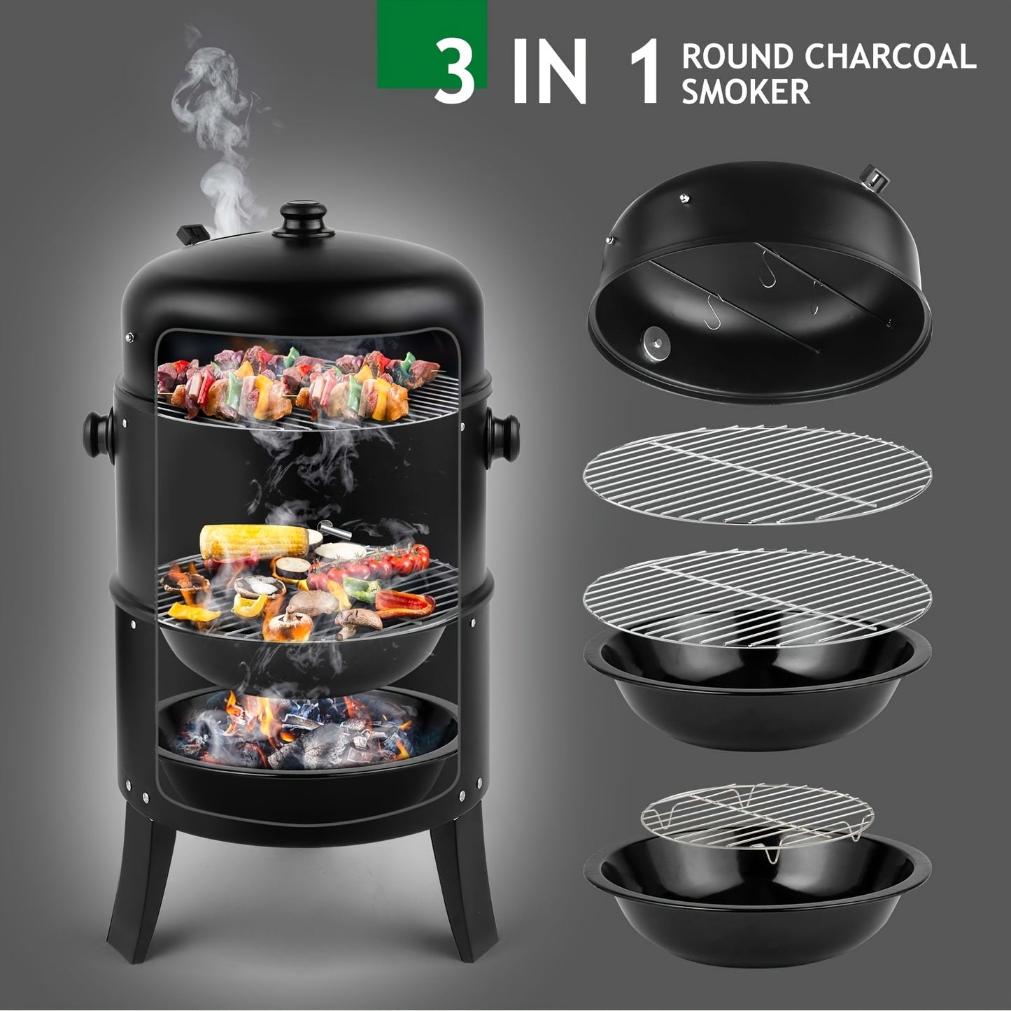 Charcoal Smoker Grill 3-in-1 Portable Outdoor BBQ with Built-in Thermometer, Adjustable Height & Spacious Cooking Grate for Camping Backyard Tailgate, Black