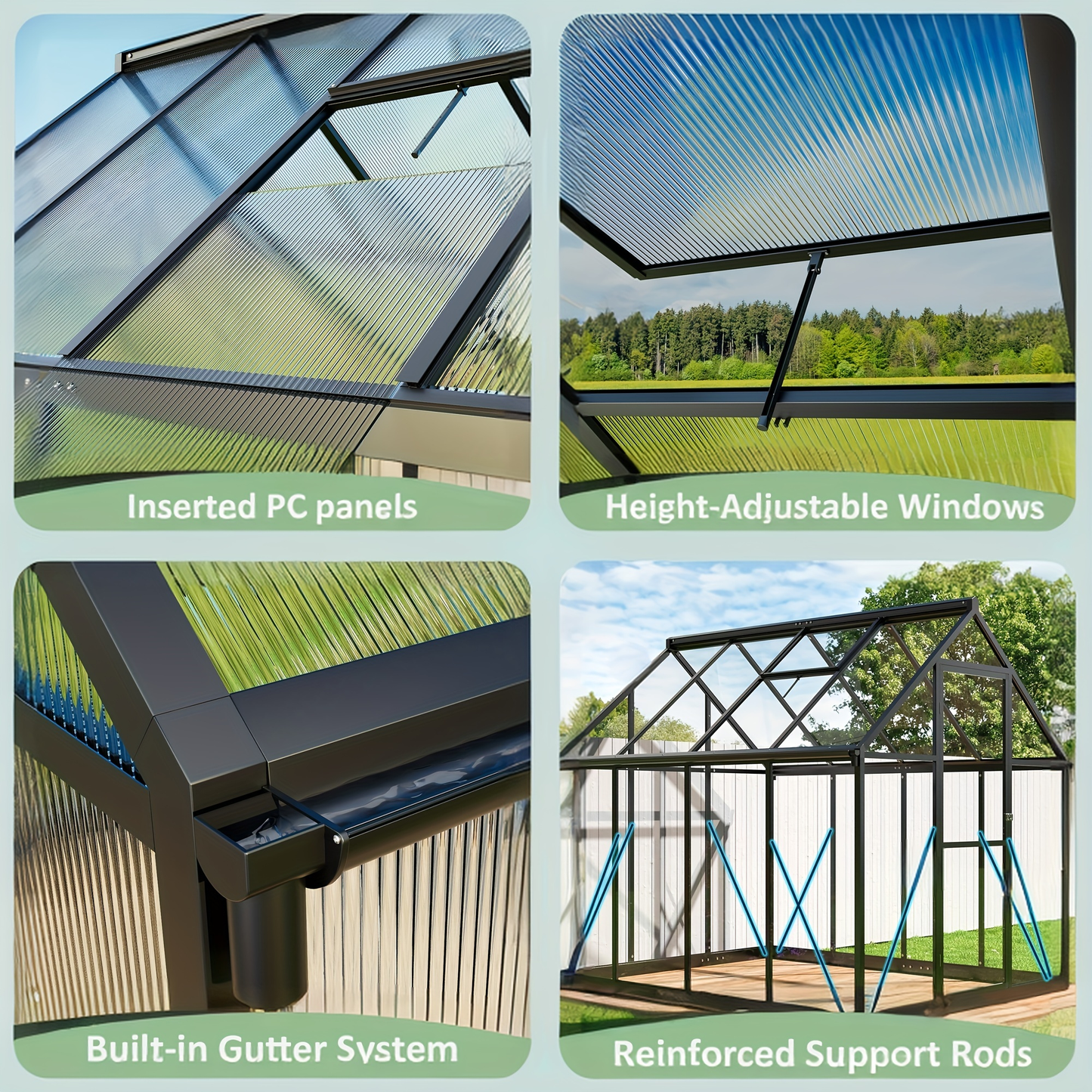 Polycarbonate Greenhouse with Aluminum Frame – Walk-In Outdoor Garden Greenhouse with Roof Ventilation, Lockable Door & UV Protection, 4x6 / 6x7.5 / 10x12 FT
