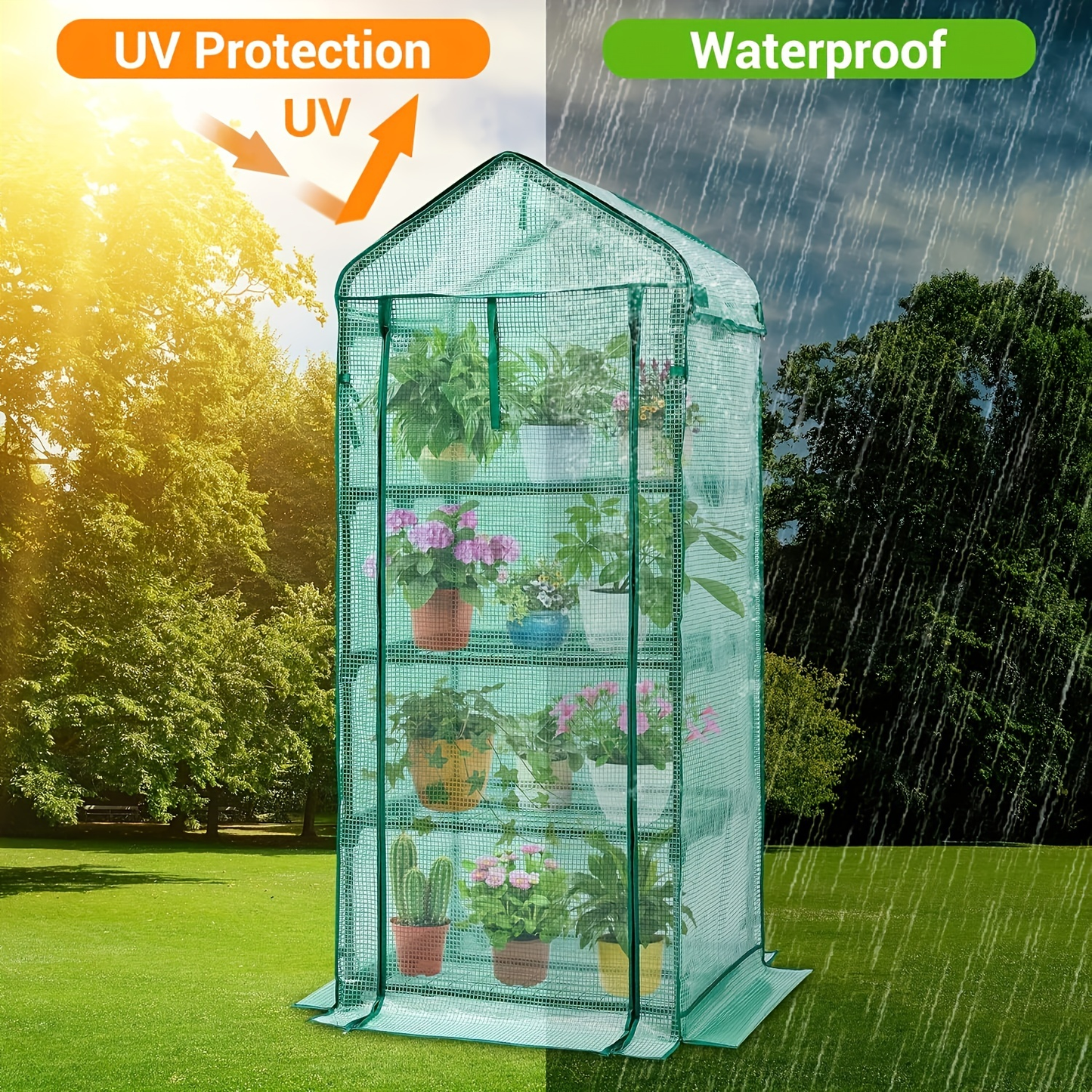 Mini Greenhouse with Steel Frame & Roll-Up Zipper Door | Portable Indoor Outdoor Plant Greenhouse | Weatherproof Rack Stand 2-Tier & 3-Tier Options