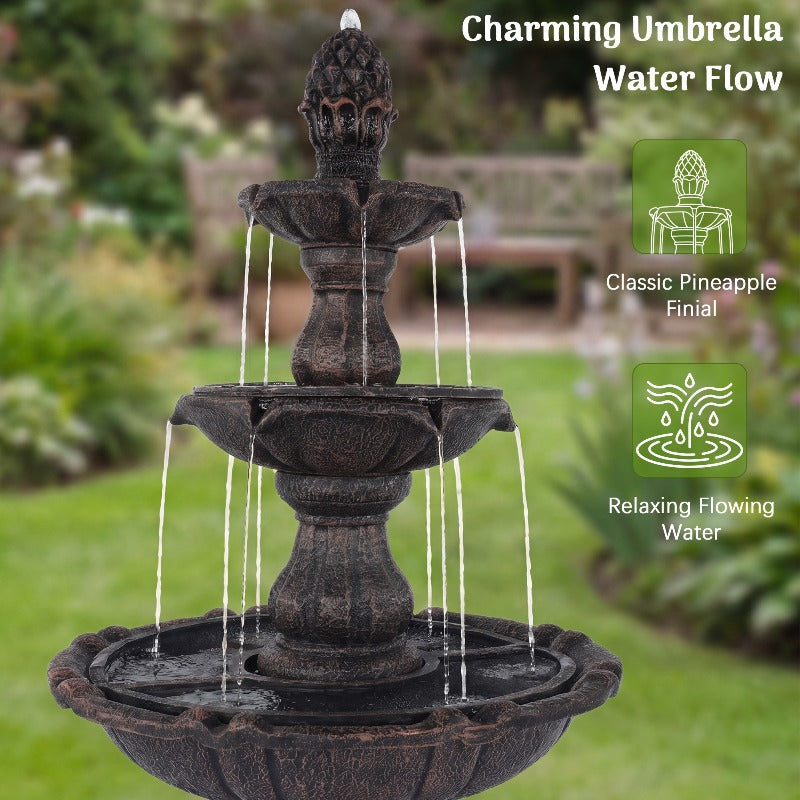 Solar Powered Outdoor Water Fountain 3-Tier – 50.5" Cascading Resin Garden Fountain with Pineapple Finial, IPX8 Pump & IP65 Solar Panel, Weather-Resistant for Patio Backyard Decor, Brown