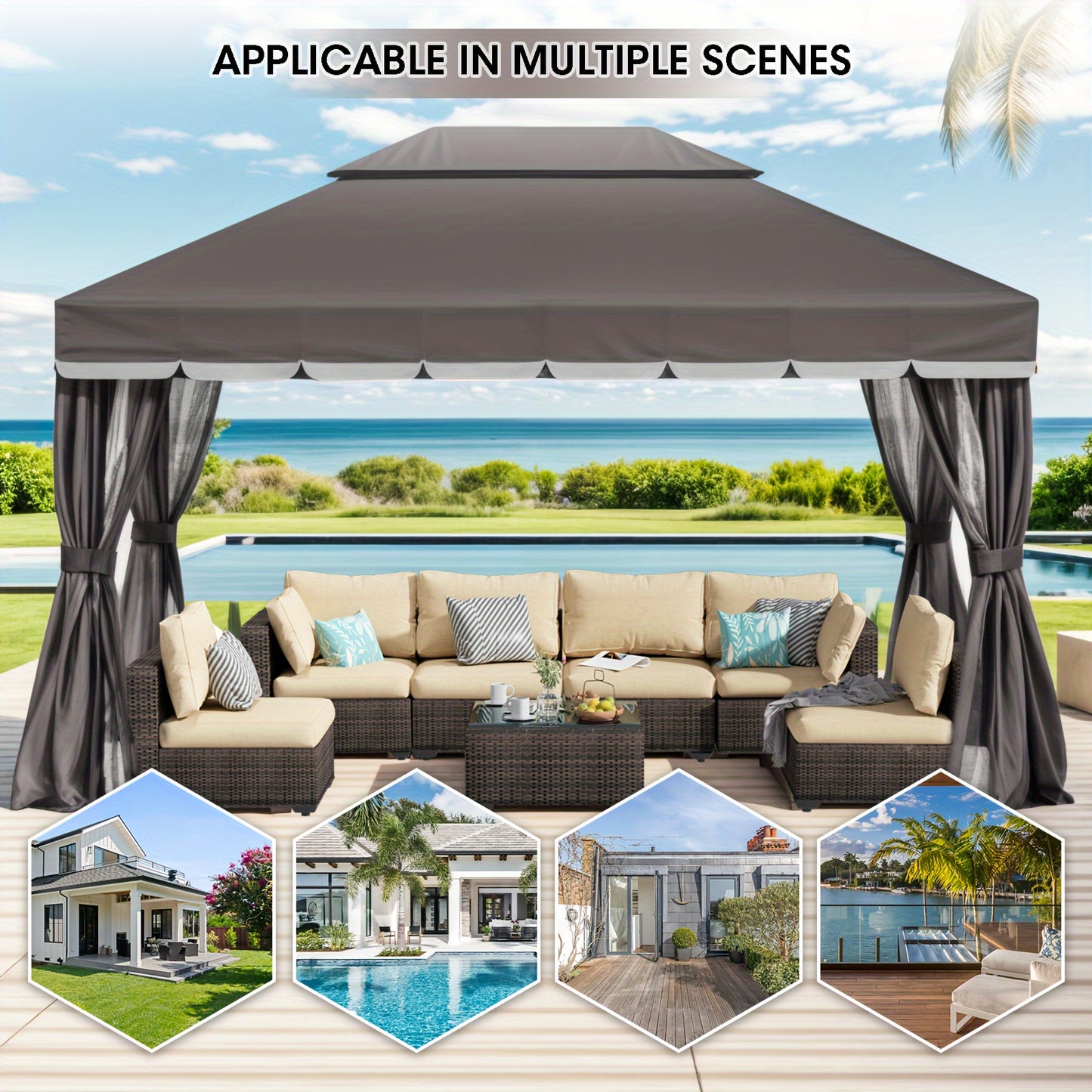 Patio Gazebo 10x13 FT Heavy Duty Double Roof with Mosquito Netting