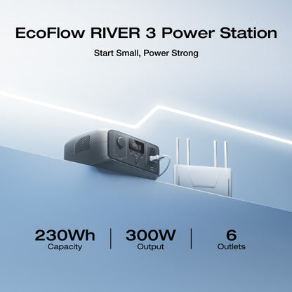 LiFePO4 Power Station 230Wh EcoFlow RIVER 3 – 300W (600W X-Boost), 1Hr Fast Charge, UPS <20ms, <30dB Quiet, 6 Outputs for Camping, Home & Emergency