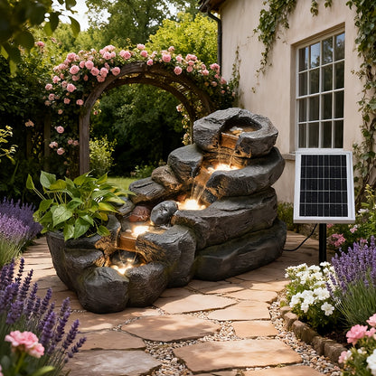 Rock Waterfall Fountain Solar 5-Tier – LED & Planting Basin