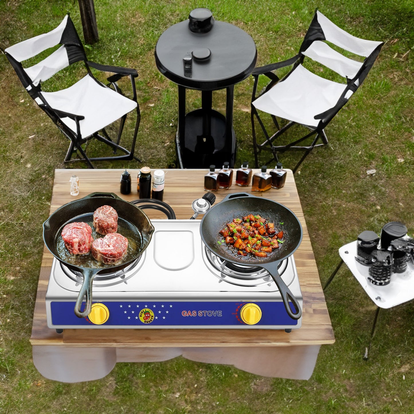 Propane Camping Stove Single & Double Burner – Stainless Steel Gas Cooker with Auto Ignition for Outdoor Cooking, Camping, Fishing, Hiking, Garden BBQ & Tailgate – Portable Camp Kitchen Burner