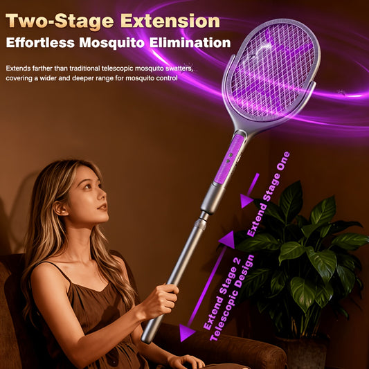 2-in-1 Mosquito Trap Lamp & Retractable Electric Fly Swatter Racket – USB Rechargeable Base, Extendable Handle Bug Zapper for Home & Bedroom Pest Control