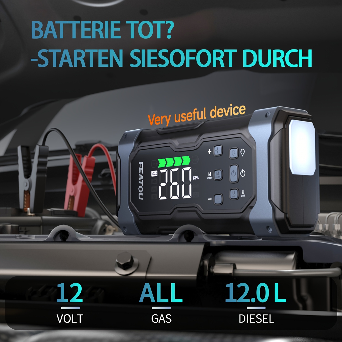 Heavy Duty Jump Starter 20000mAh 9-in-1 with Air Compressor Tire Inflator for All Gas 3.7gal Diesel Large SUV Pickup 12V USB-A USB-C Digital Display
