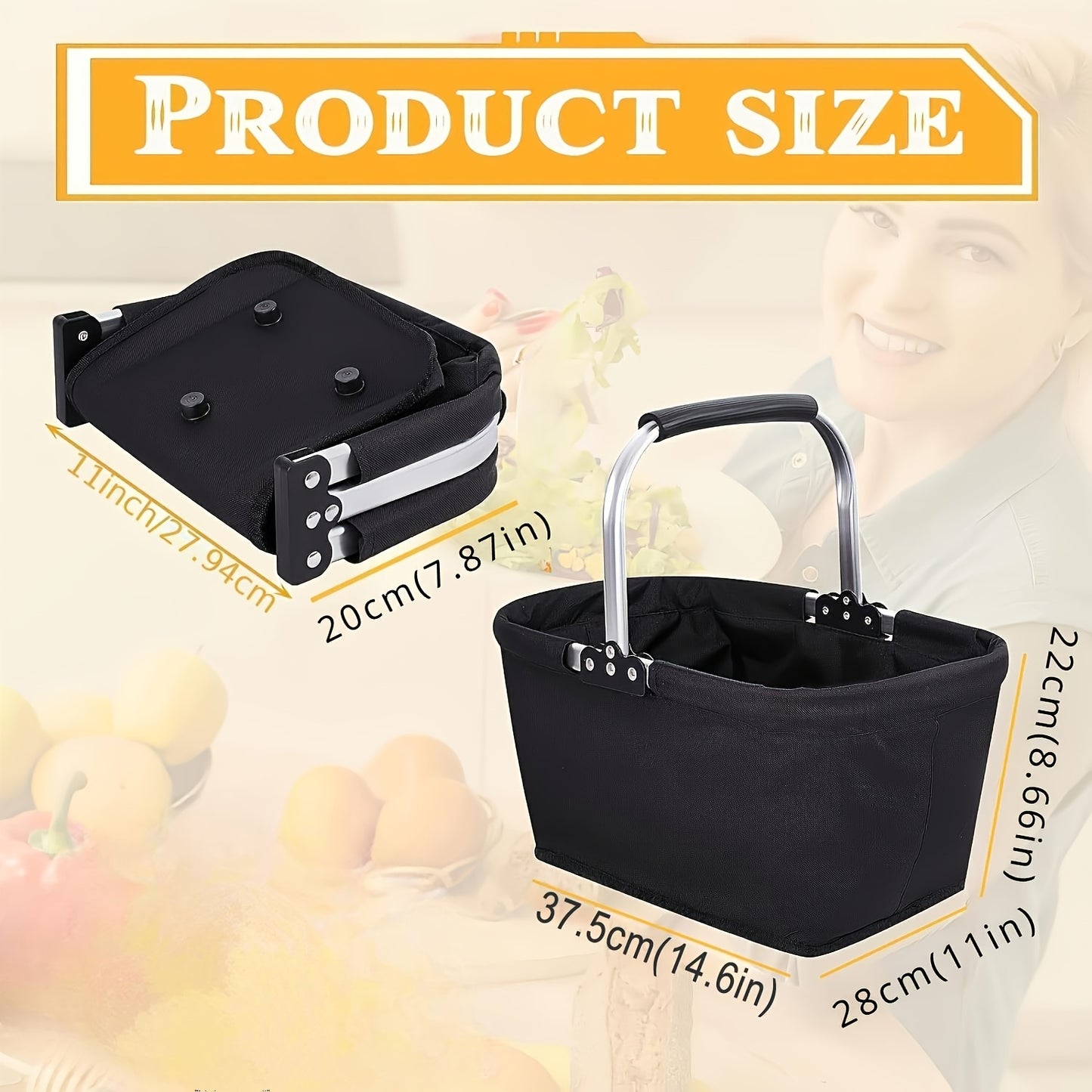 Foldable Picnic Basket Insulated | Portable Shopping Basket Aluminum Frame Oxford Cloth with Zippered Pocket