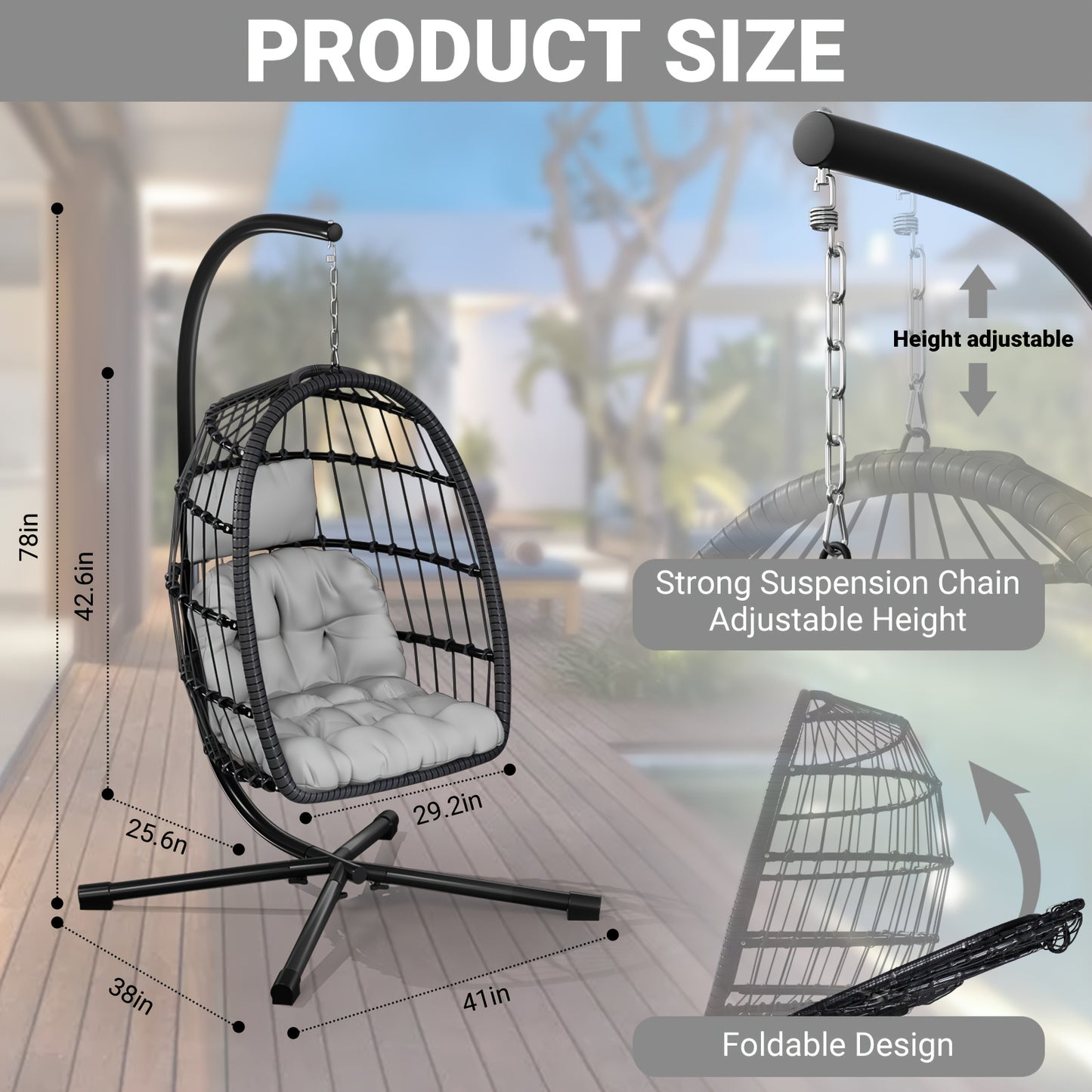 Outdoor Egg Chair with Stand Rattan Wicker Hanging Swing Hammock Chair Thickened Aluminum Frame UV-Resistant Cushion 350LBS Capacity Patio Balcony Deck Lawn Seat