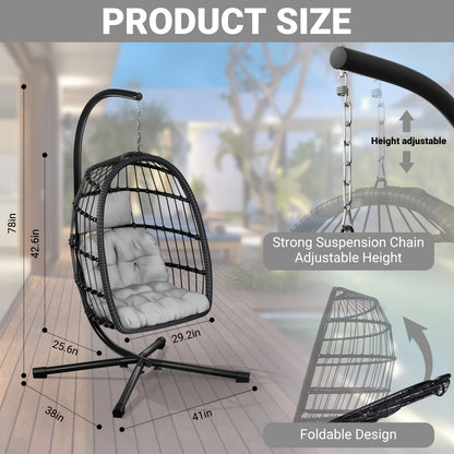Outdoor Egg Chair with Stand Rattan Wicker Hanging Swing Hammock Chair Thickened Aluminum Frame UV-Resistant Cushion 350LBS Capacity Patio Balcony Deck Lawn Seat