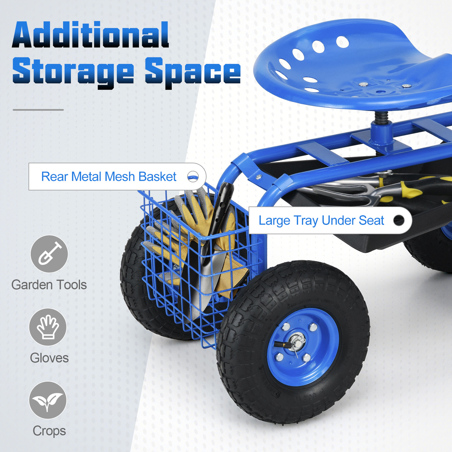 Rolling Garden Cart with Adjustable Swivel Seat, 10" Pneumatic Tires, Storage Basket & Tool Tray, 330 lbs Heavy-Duty Metal Frame