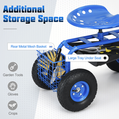 Rolling Garden Cart with Adjustable Swivel Seat, 10" Pneumatic Tires, Storage Basket & Tool Tray, 330 lbs Heavy-Duty Metal Frame