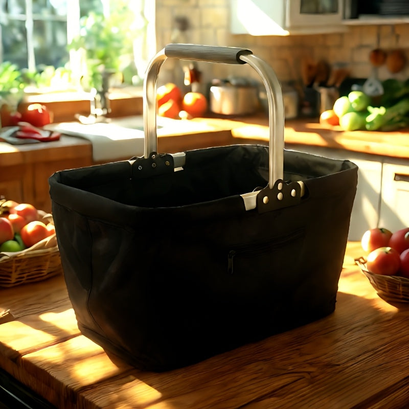 Foldable Picnic Basket Insulated | Portable Shopping Basket Aluminum Frame Oxford Cloth with Zippered Pocket