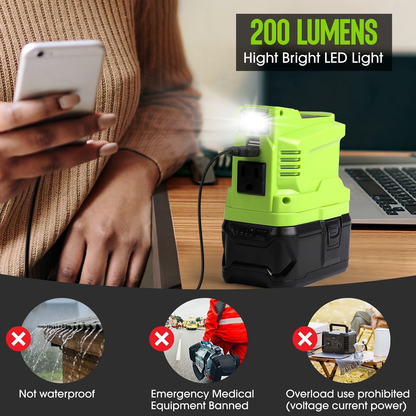 Power Inverter for RYOBI 18V Battery | 150W AC Outlet, 2 USB Ports, LED Light, DC 18V to AC 110V Modified Sine Wave, Compatible P102 P108 P190 Camping Emergency