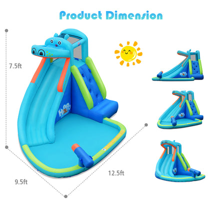 Inflatable Hippo Water Slide Bouncer with Climbing Wall, Splash Pool & Water Cannon – 9.5FT Kids Backyard Water Park, Oxford Cloth, Carry Bag Included