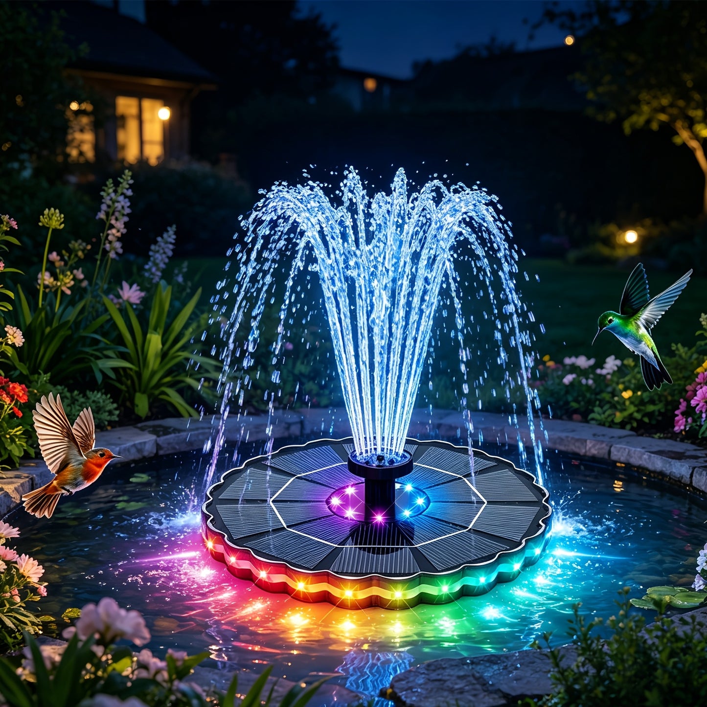 Bird Bath Fountain Solar 3.5W LED Lights 3000mAh Battery IPX8 7 Nozzles