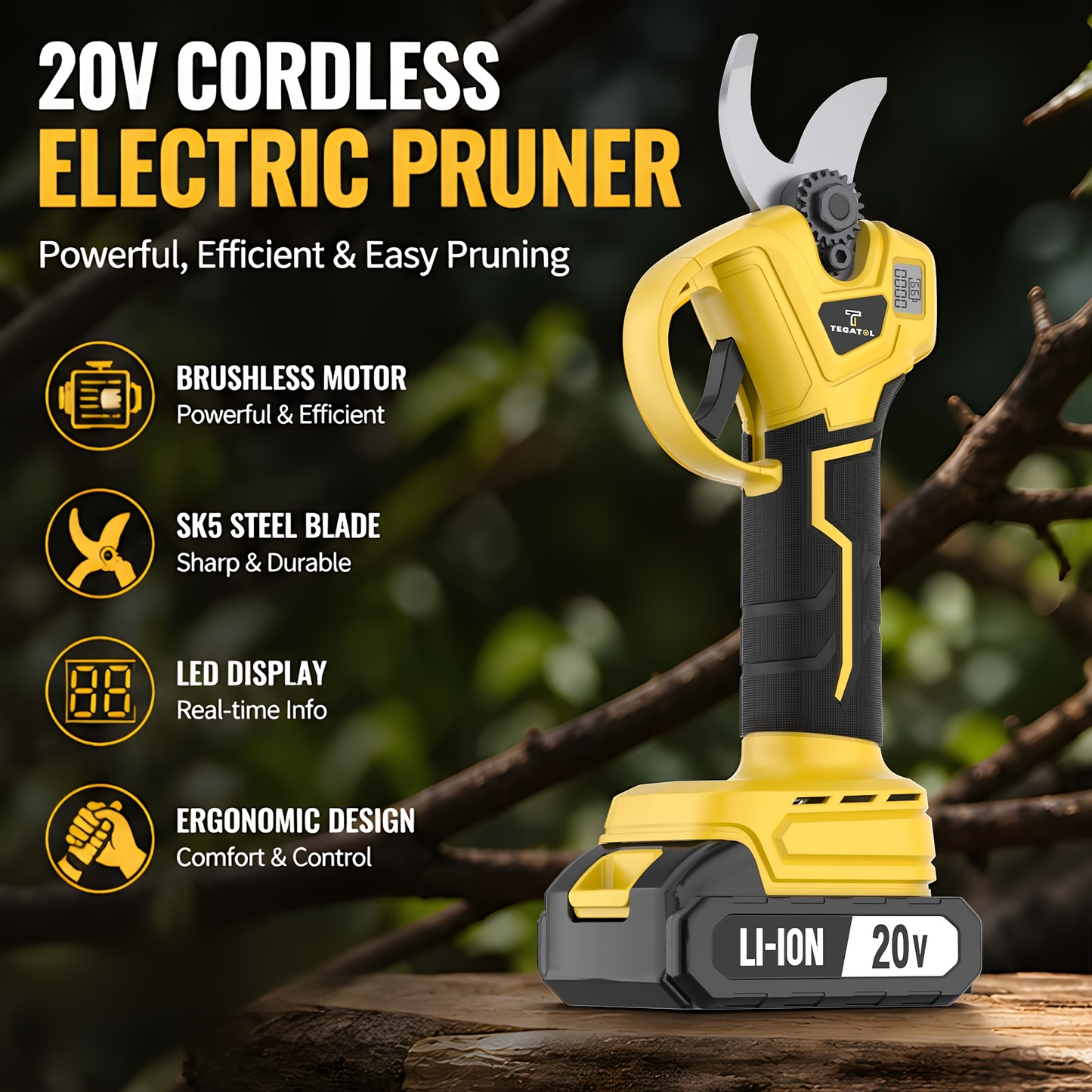 20V Cordless Pruning Shears Upgraded Electric Tree Pruner with Display Screen, Replaceable Blade, 1 or 2 Batteries & Storage Bag for Branch Cutting & Garden Pruning