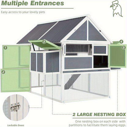 Large Chicken Coop 84" for 8-10 Hens | Outdoor Wooden Hen House with Run, 2 Nesting Boxes, 3 Perches, Removable Tray & Ground Spikes – Walk-In Poultry Cage