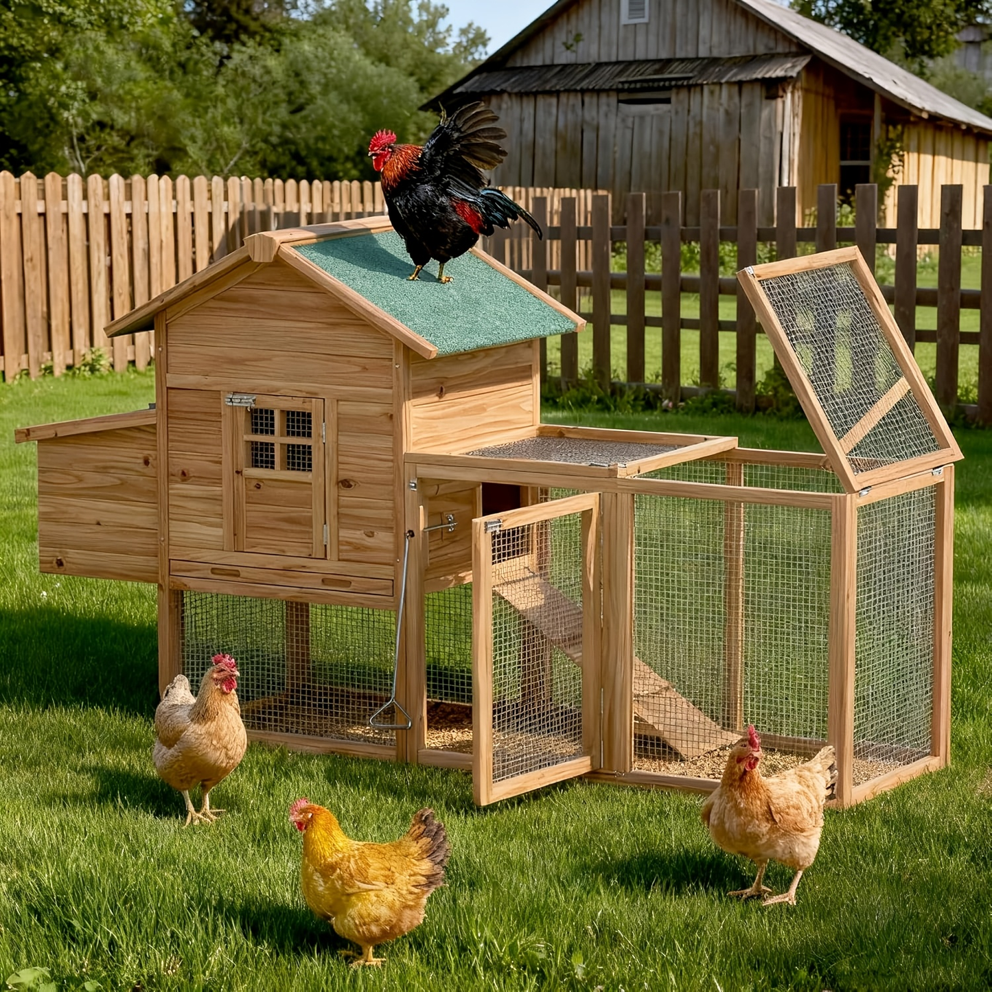 Chicken Coop with Run Large Outdoor Wooden Hen House 82 Inch Walk-in Poultry Cage for 2-4 Chickens Ducks Rabbits with Nesting Box Removable Tray Wheels