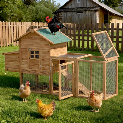 Chicken Coop with Run Large Outdoor Wooden Hen House 82 Inch Walk-in Poultry Cage for 2-4 Chickens Ducks Rabbits with Nesting Box Removable Tray Wheels