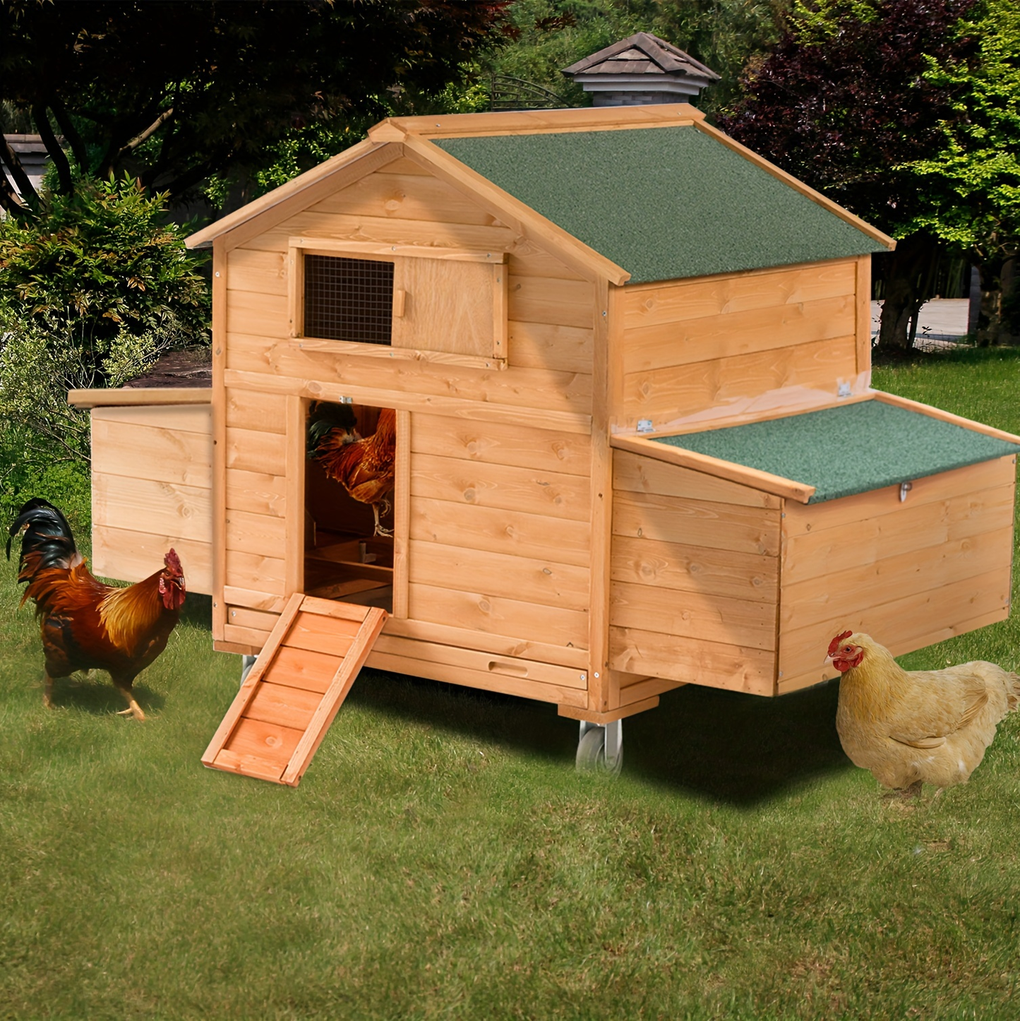 Mobile Chicken Coop with Wheels Large Outdoor Hen House for 6-8 Chickens Waterproof PVC Cover Thickened Fir Wood Double Nesting Box Removable Tray 4 Universal Wheels