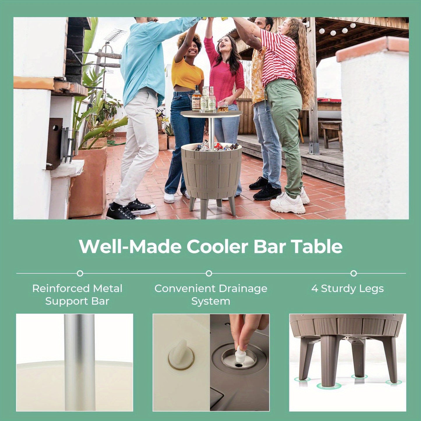 Outdoor Cooler Bar Table 3-in-1 | 10 Gal Ice Bucket, Coffee Table & Serving Station | All-Weather PP, Removable Legs, 110 LB Capacity