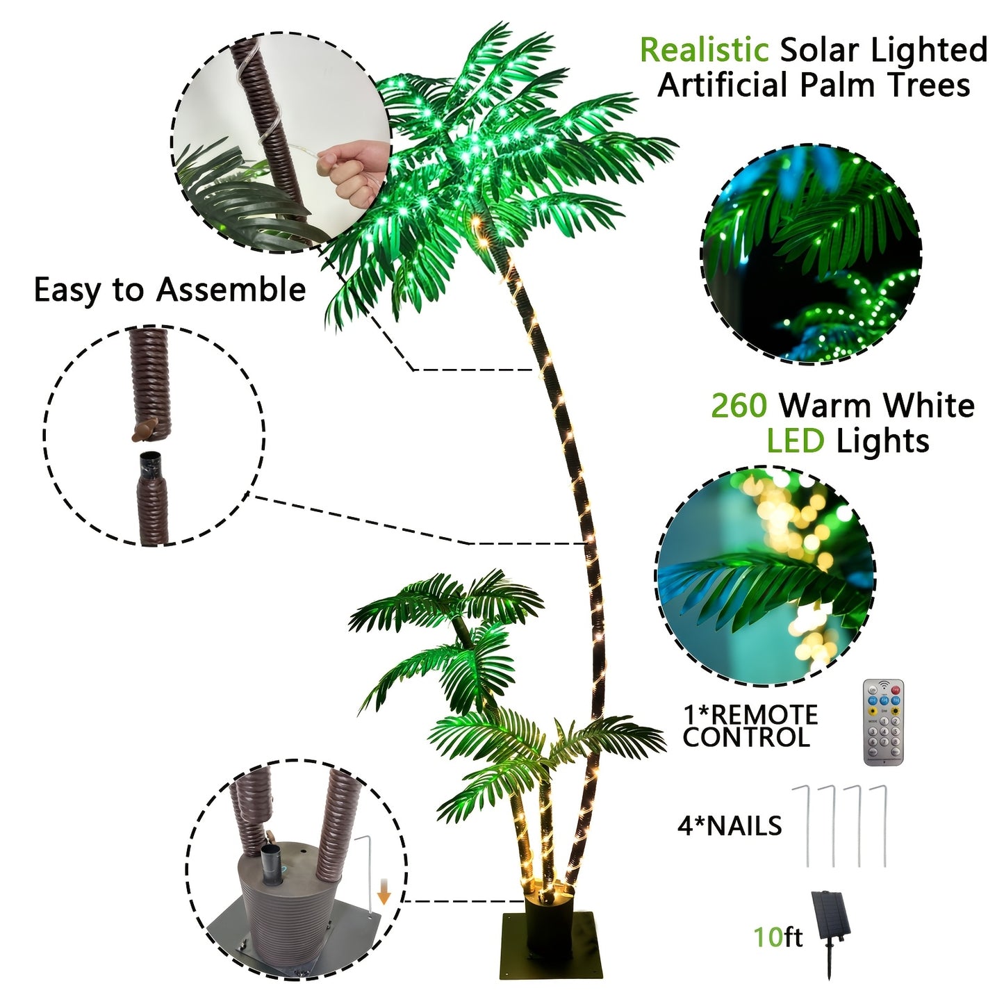 Solar Palm Tree Light 7ft 260 LED Outdoor Patio Tropical Decor Waterproof