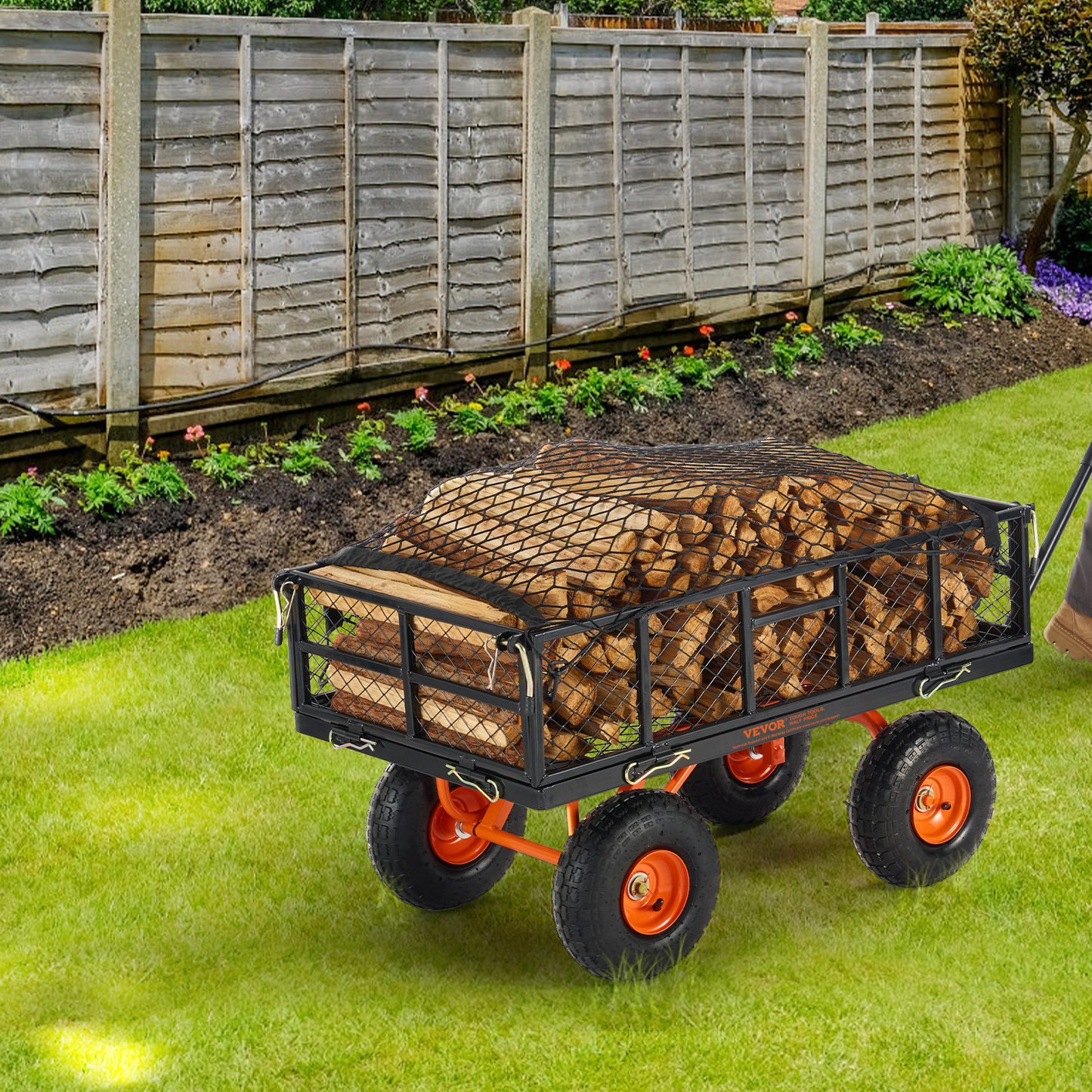 Garden Dump Cart 880LBS Convertible Flatbed Utility Wheelbarrow with 2-in-1 Handle, Removable Side Panels, Mesh Cover & 10" Rubber Tires – 400/600/880 LBS