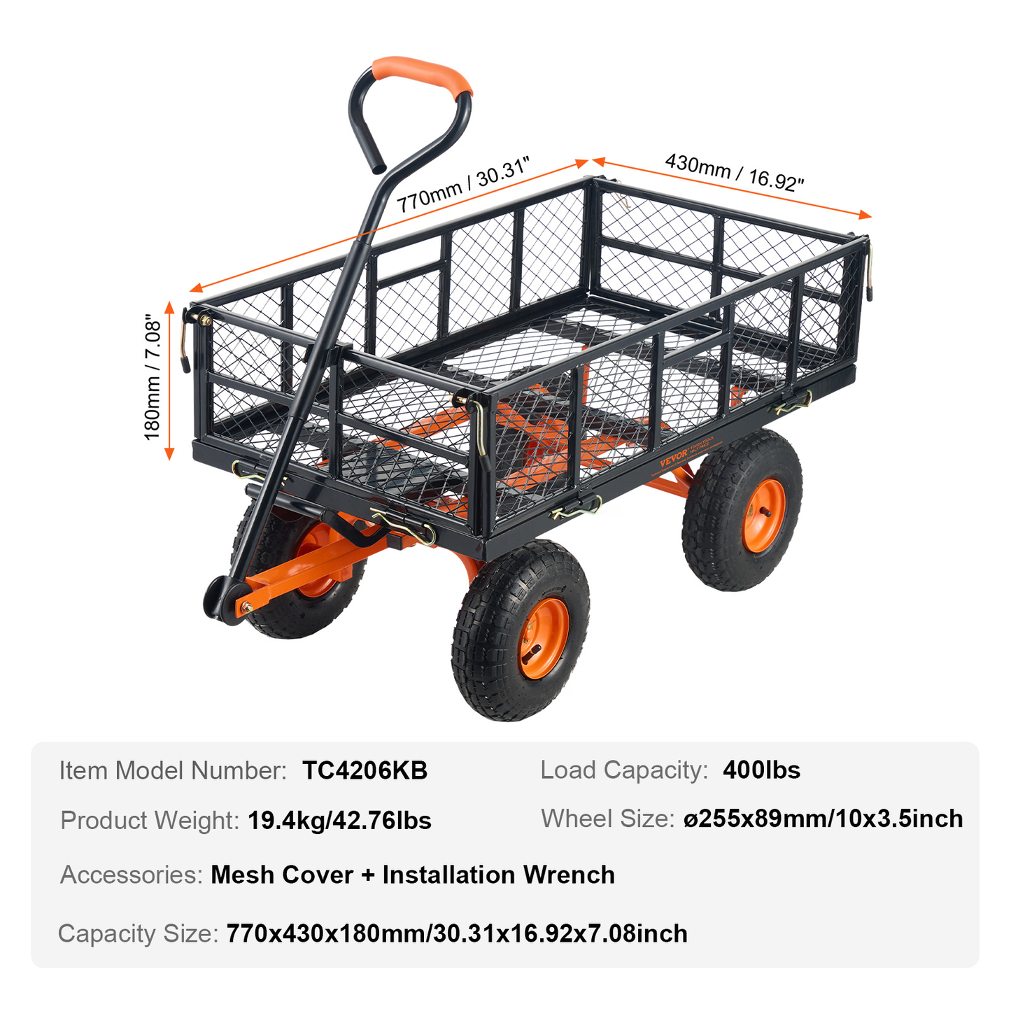 Garden Dump Cart 880LBS Convertible Flatbed Utility Wheelbarrow with 2-in-1 Handle, Removable Side Panels, Mesh Cover & 10" Rubber Tires – 400/600/880 LBS