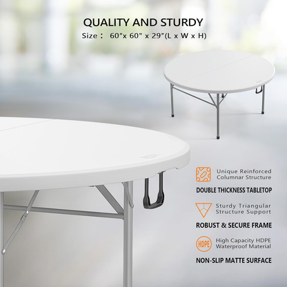 Round Folding Table 48" / 60" Bi-Fold HDPE 1.75" Thick Top Rust-Resistant Steel Frame for Wedding, Party & Commercial Events — 1, 2 or 4 Pack