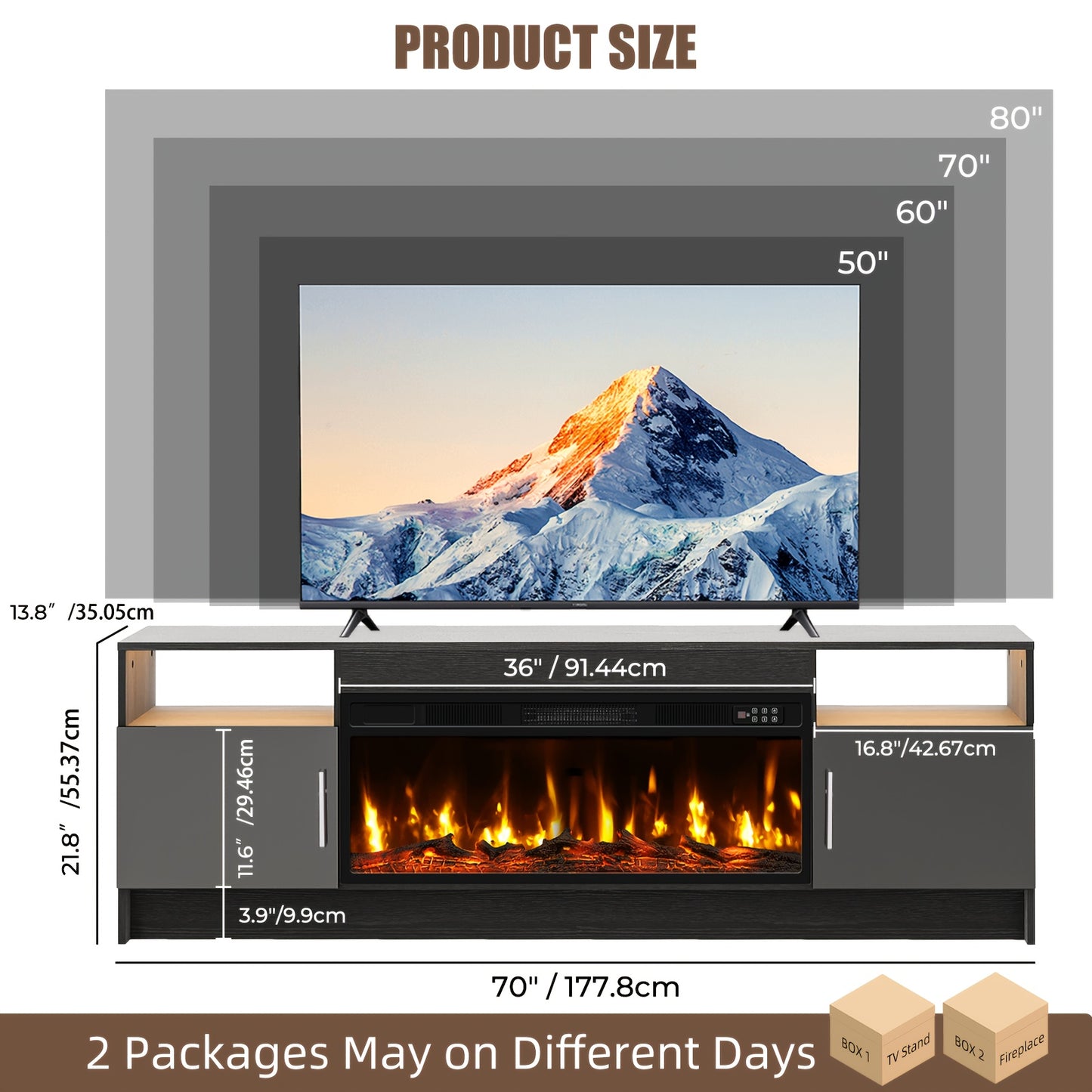 Entertainment Center with Electric Fireplace 70 Inch TV Stand for TVs up to 80" 36" Fireplace 20-Color LED High Gloss Storage Cabinet Wood Grain