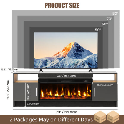 Entertainment Center with Electric Fireplace 70 Inch TV Stand for TVs up to 80" 36" Fireplace 20-Color LED High Gloss Storage Cabinet Wood Grain