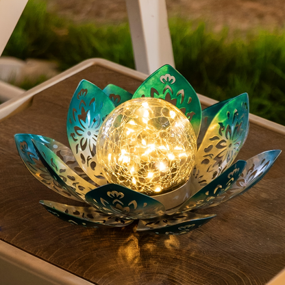 Solar Garden Light Lotus Flower LED Step Light Outdoor Cracked Glass Ball IPX4 Waterproof Lawn Yard Pathway Staircase Corridor Decor – Azure Blue Purple Gray