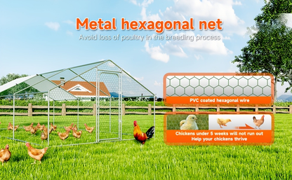 Dog Kennel Outdoor Large Metal Walk-in Chicken Run Pen Poultry Cage with Anti-UV Cover Movable Rack or Dolly 2 Sizes for Farm Backyard Chickens Dogs Rabbits